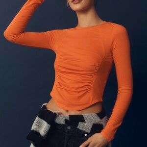 Daily Practice Ruched Orange Long Sleeve Women's Top from Anthropologie